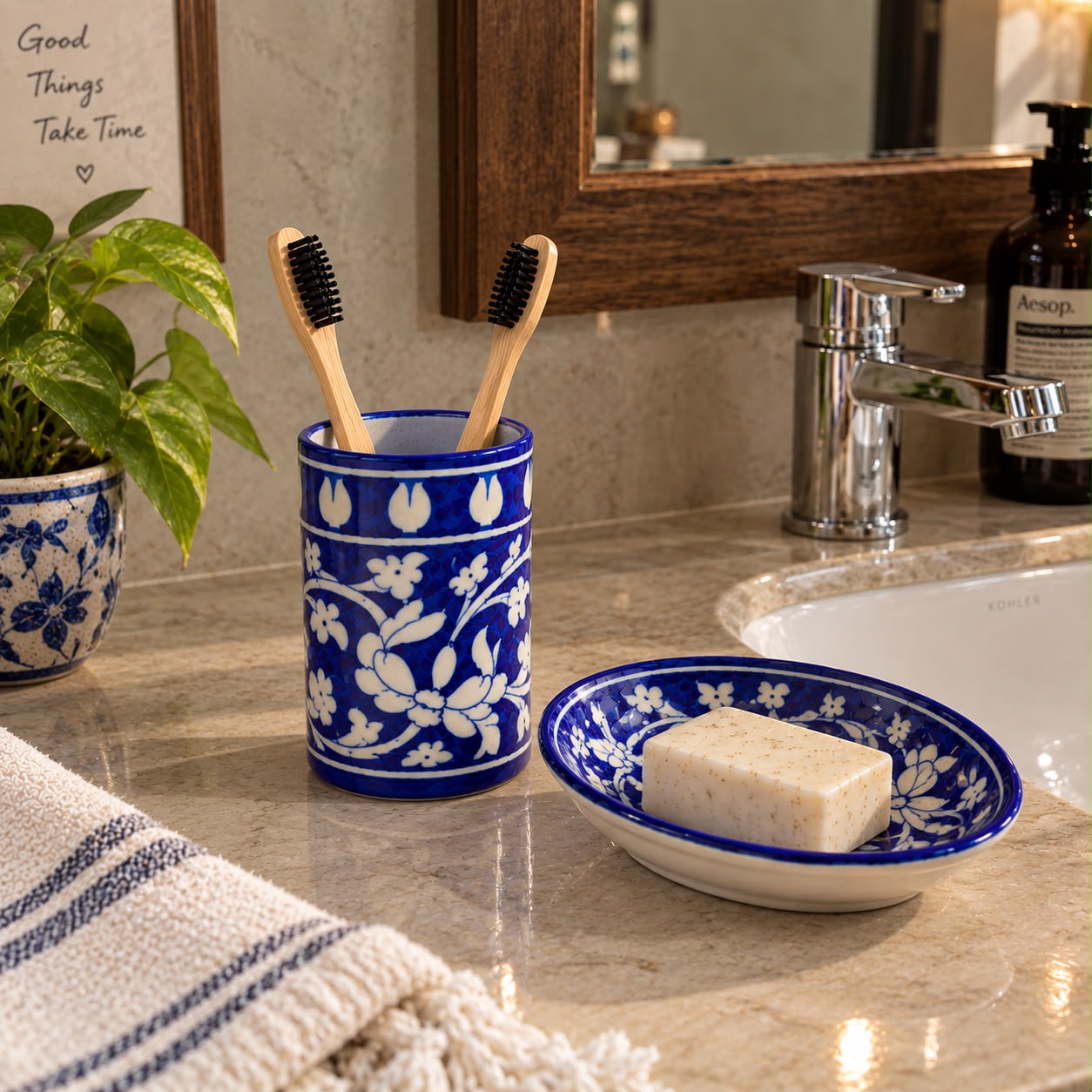 Blue Pottery Handwash & Soap Dish Set