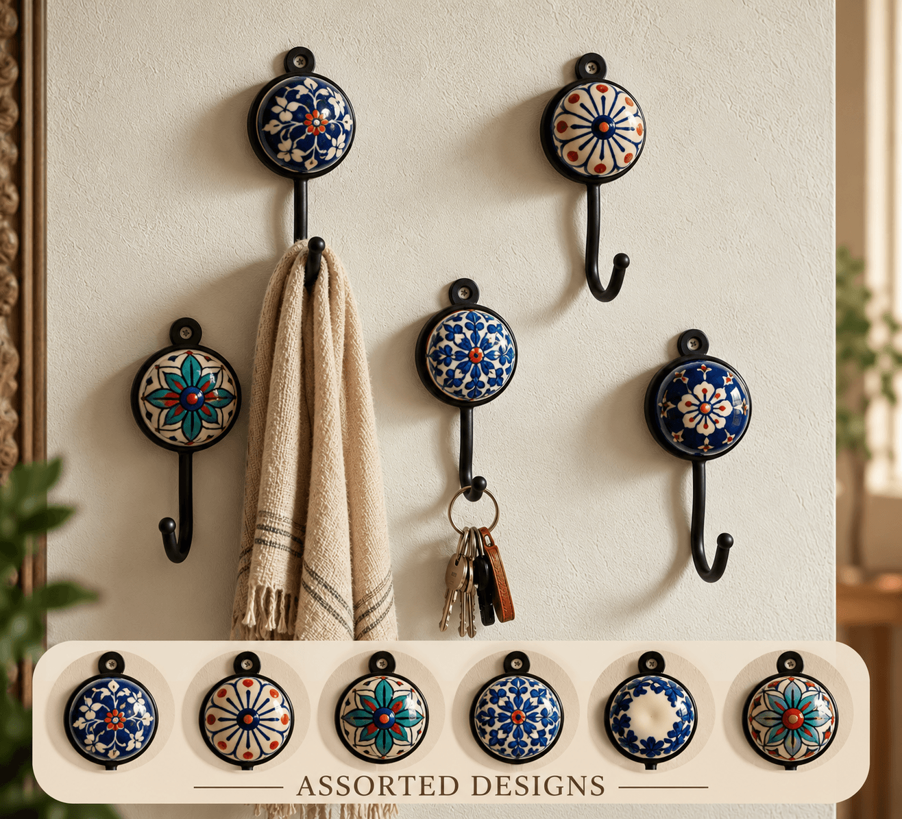 Round Iron Frame Ceramic Wall & Key Hanger – Handmade Decorative Home Organizer — XS · Multicolour