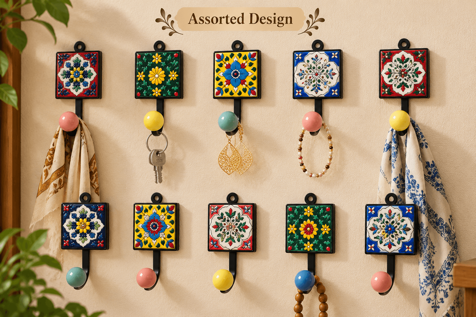 Blue Pottery Design Iron Framed Tiled Hanger Assorted Design — XS · Multicolour