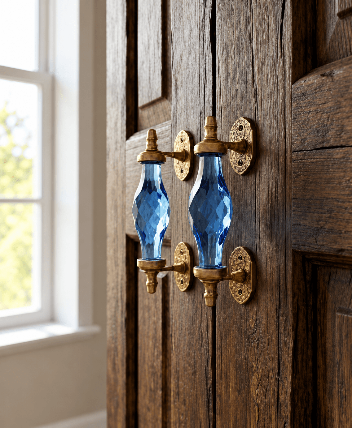 Brass Glass Design Door Handle – Handcrafted Vintage Door Handle — 6Inch · Blue