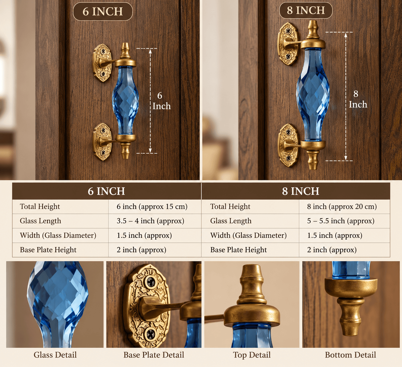 Brass Glass Design Door Handle – Handcrafted Vintage Door Handle — 6Inch · Blue